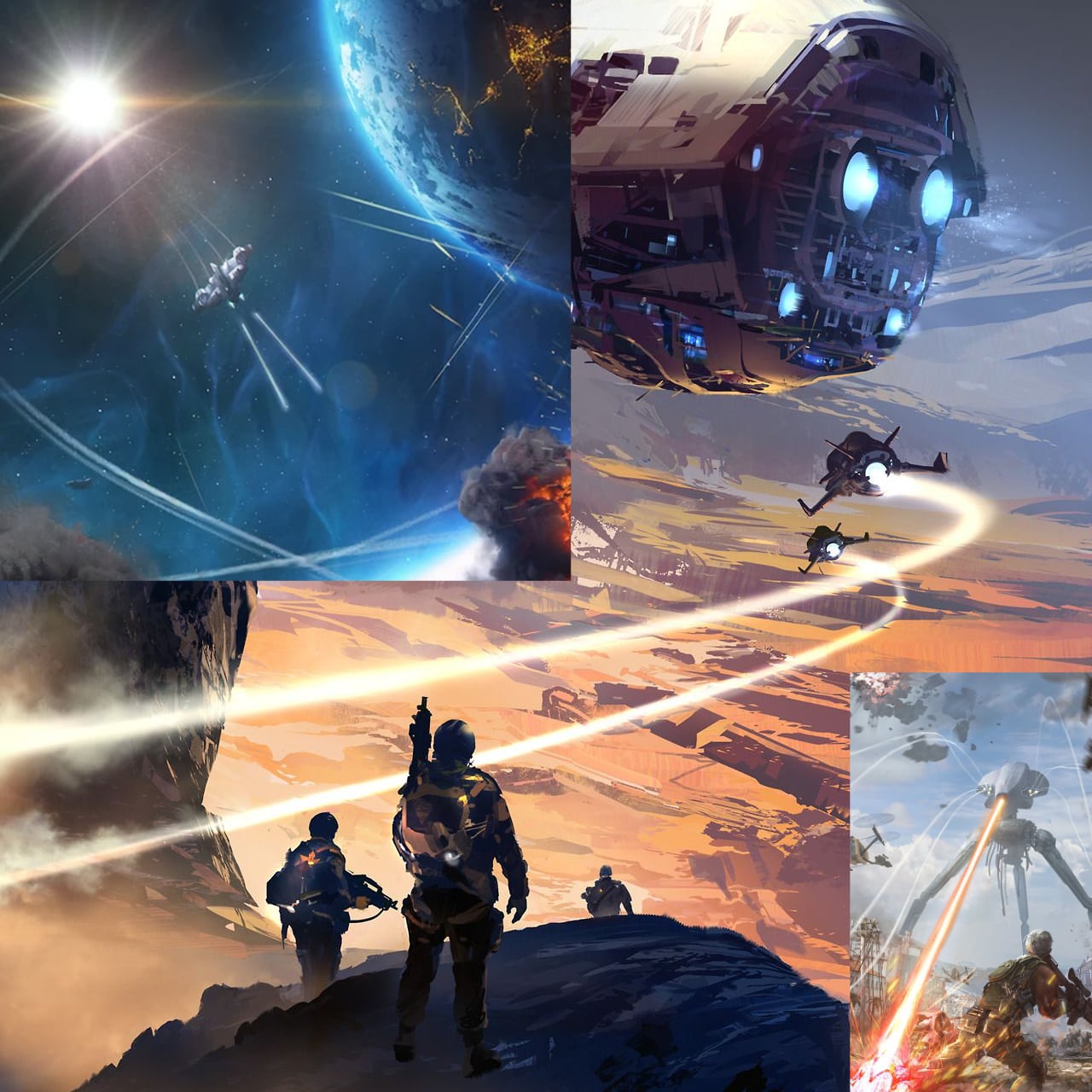 Starships in battle, defenders on land, explorers surveying the alien landscape.