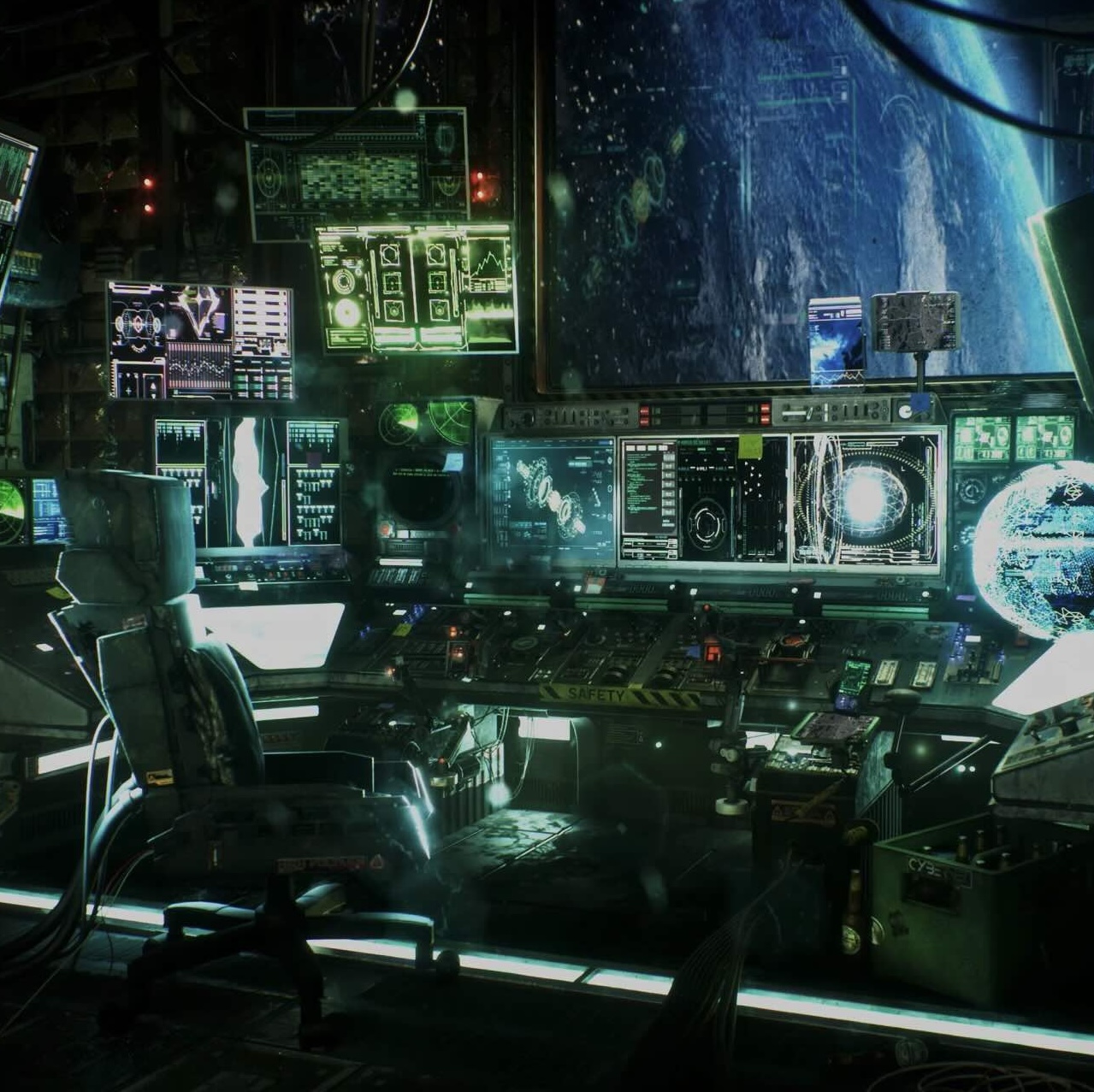 sci fi spaceship cockpit with holographic displays